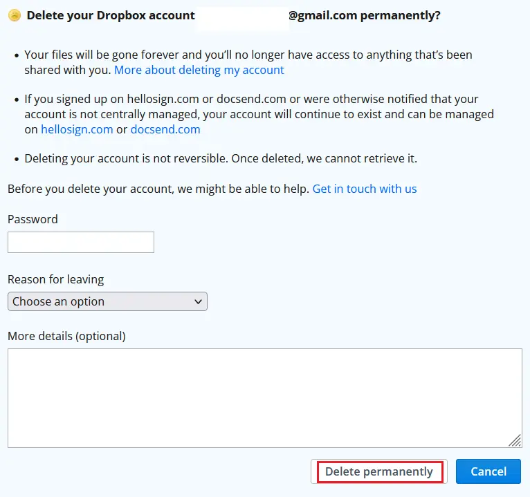 Imagen: Ventana de diálogo para eliminar cuenta de Dropbox de forma permanente