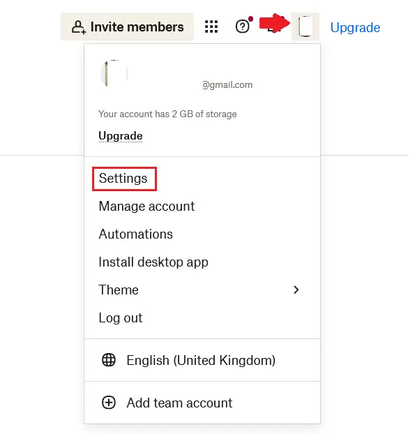 Imagen: La página de cuenta del perfil de usuario de Dropbox