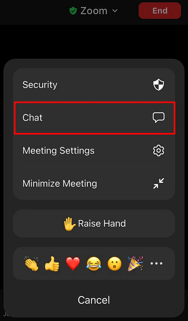 Función de chat en la aplicación de móvil de Zoom Imagen: Función de chat en la aplicación de móvil de Zoom