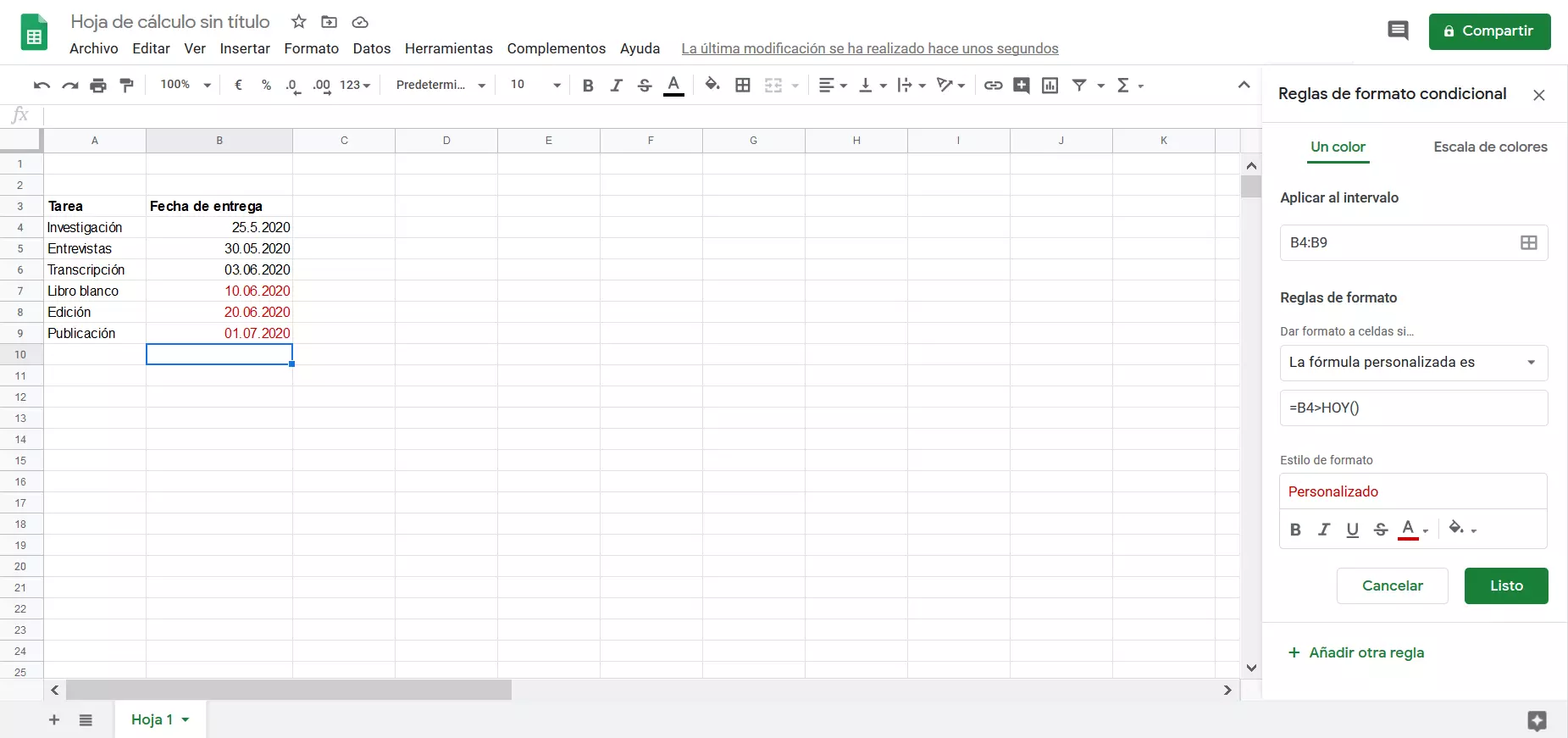 Imagen: Reglas para el formato condicional en Google Sheets.