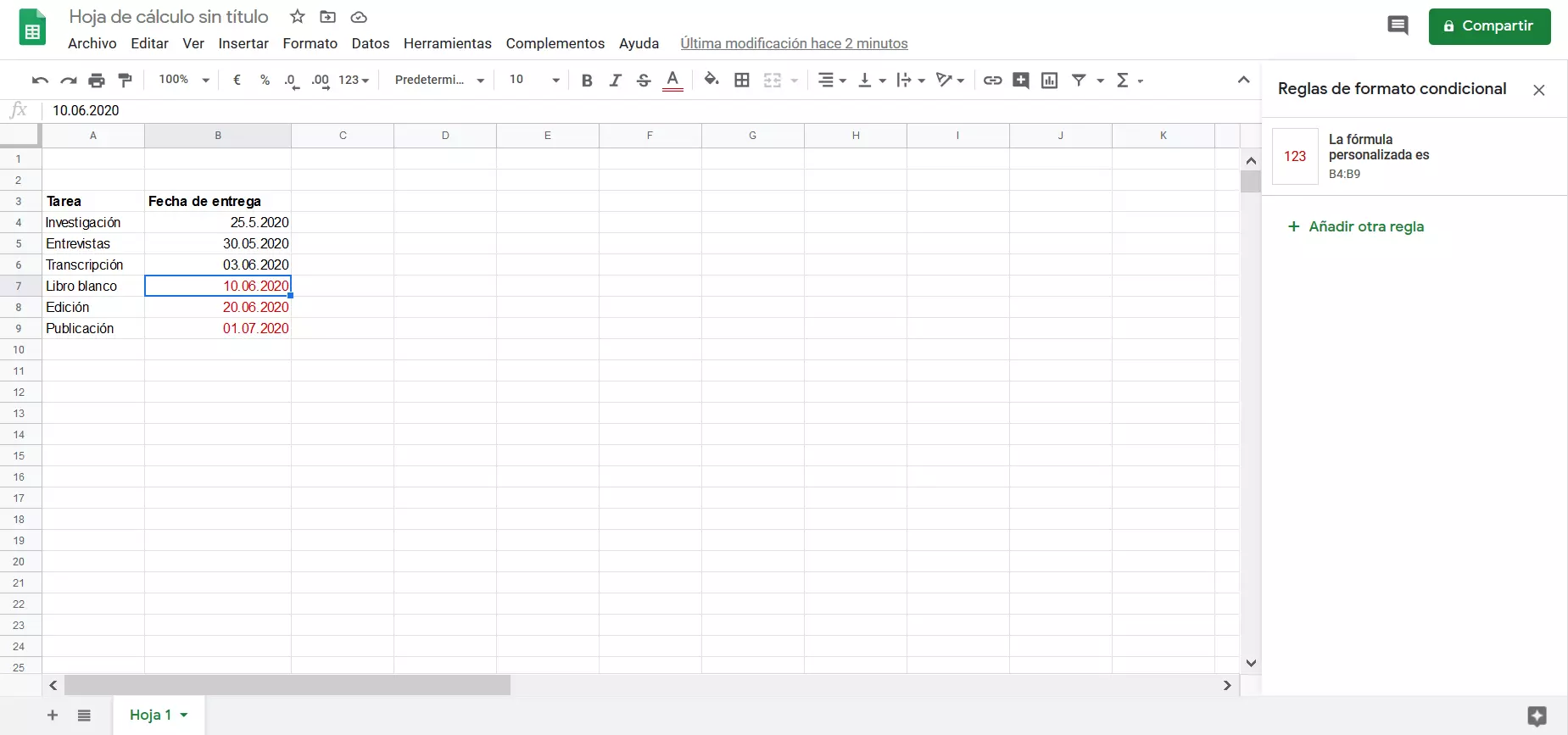 Imagen: Google Sheets: reglas de formato habilitadas para la celda seleccionada.
