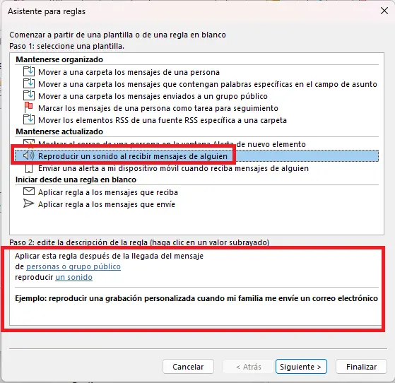 Imagen: Asistente para reglas en Outlook: selección de plantilla de reglas