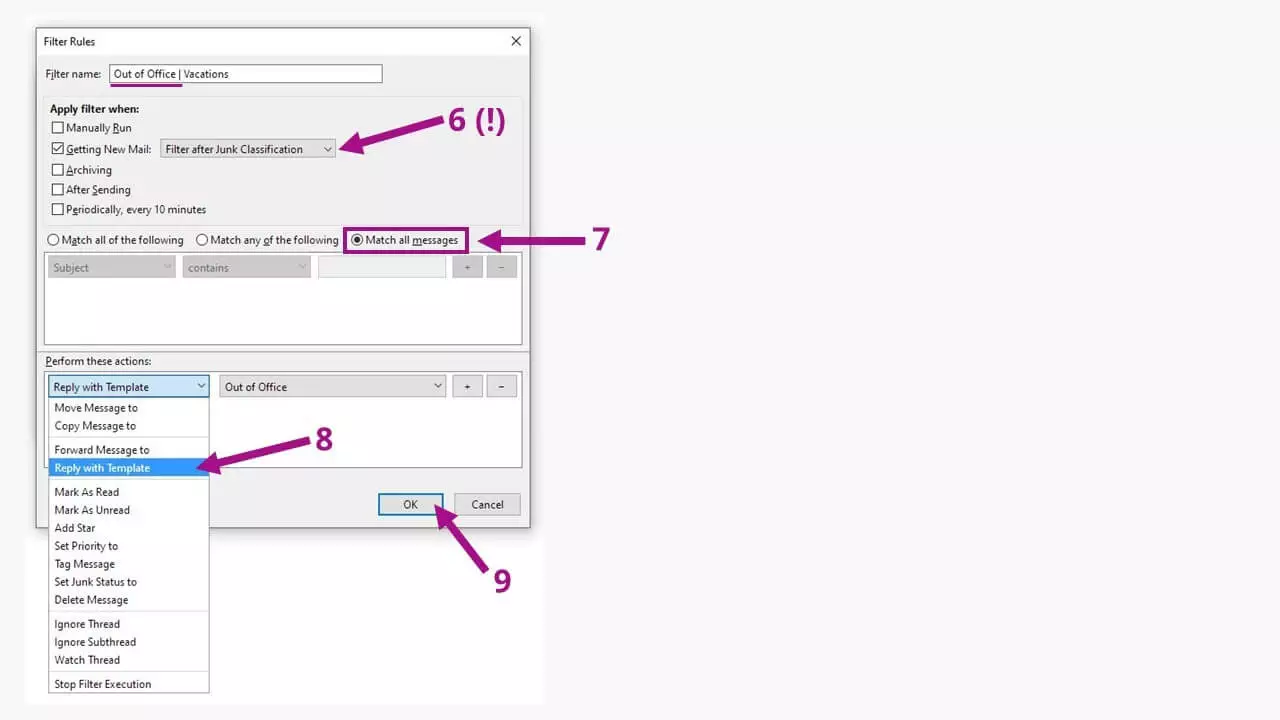 Imagen: Respuesta automática con Thunderbird: configurar un nuevo filtro, detallado.