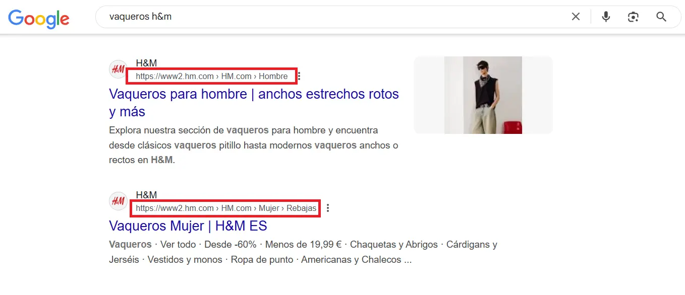 Imagen: Captura de pantalla de una búsqueda en Google para “vaqueros h&m”