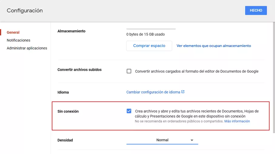 Imagen: Activar el modo offline de Google Drive