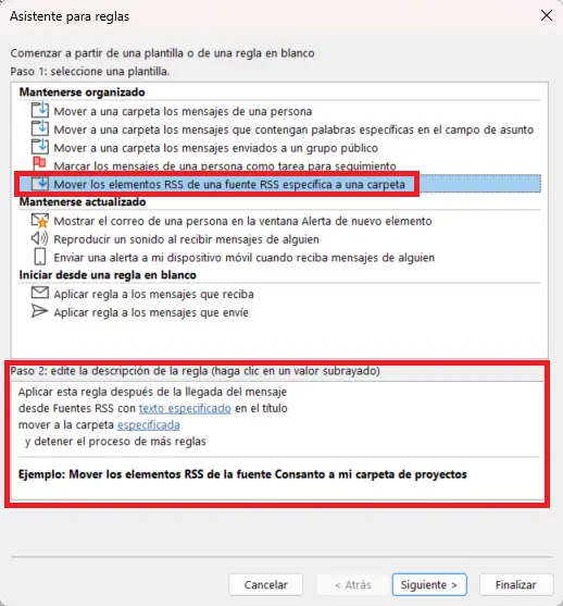 Imagen: Asistente para reglas de Outlook: selección de plantilla de reglas