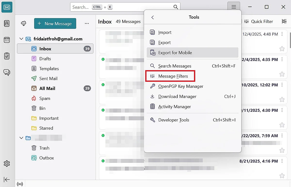 Imagen: Respuesta automática en Thunderbird: “Filtros de mensajes”