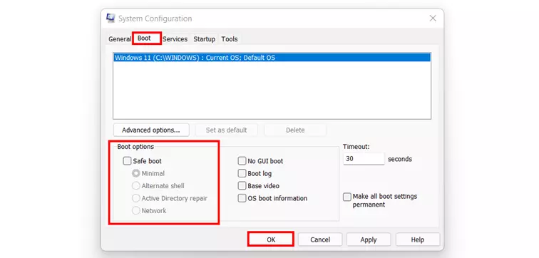 Imagen: Desactivar el modo seguro de Windows 11 con msconfig