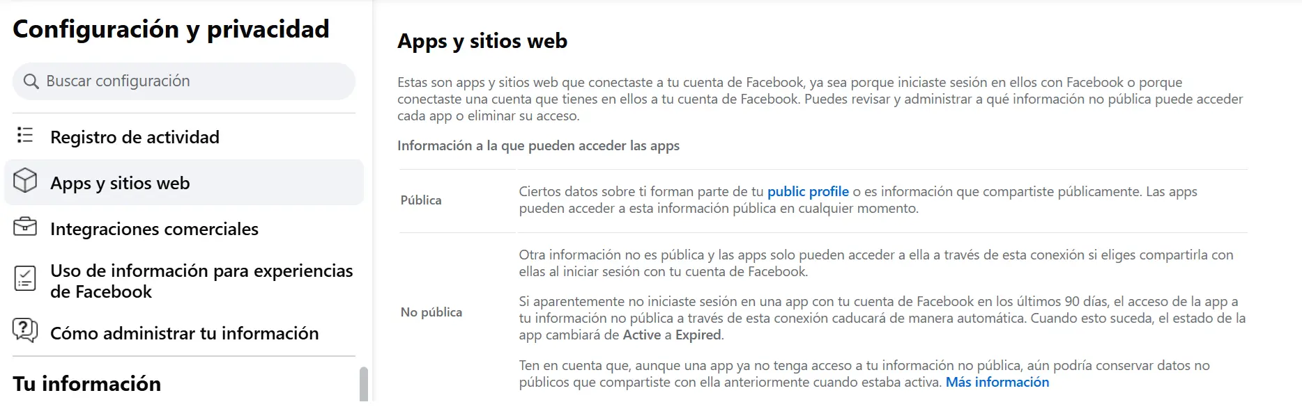 Menú de Facebook “Apps y sitios web” Imagen: Menú de Facebook “Apps y sitios web”