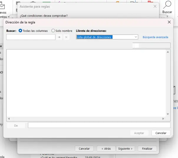 Imagen: Asistente para reglas en Outlook: selección de dirección del remitente