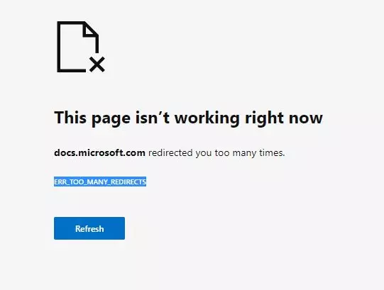 Imagen: Captura de pantalla del aviso ERR_TOO_MANY_REDIRECTS en Edge