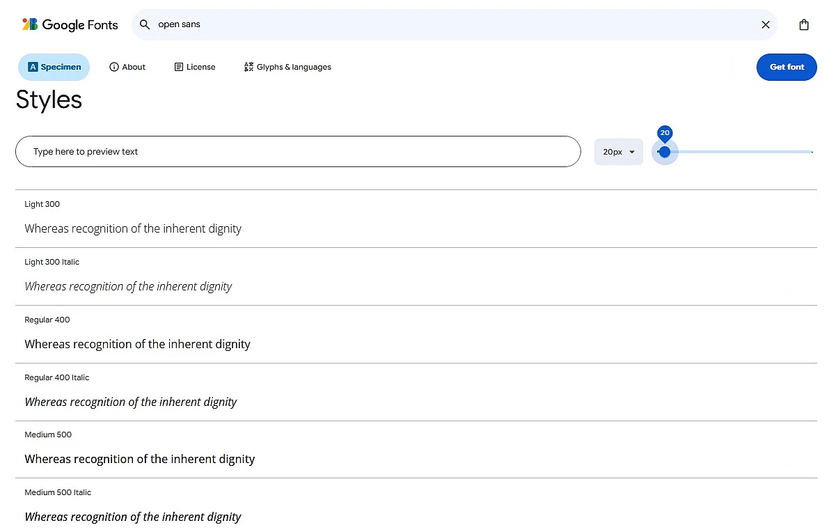 Diferentes variantes de la fuente Open Sans en Google Fonts Imagen: Diferentes variantes de la fuente Open Sans en Google Fonts