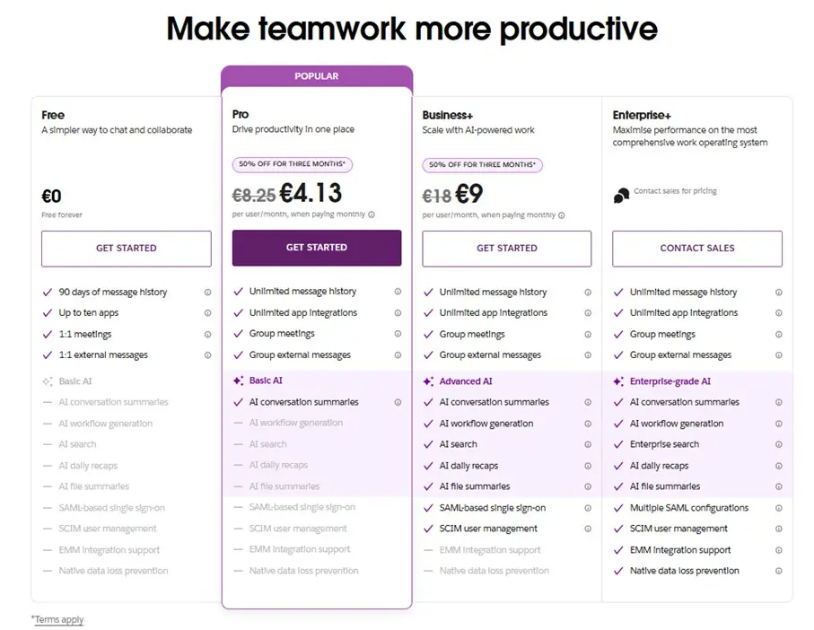 Captura de pantalla de los precios de Slack Imagen: Captura de pantalla de los precios de Slack