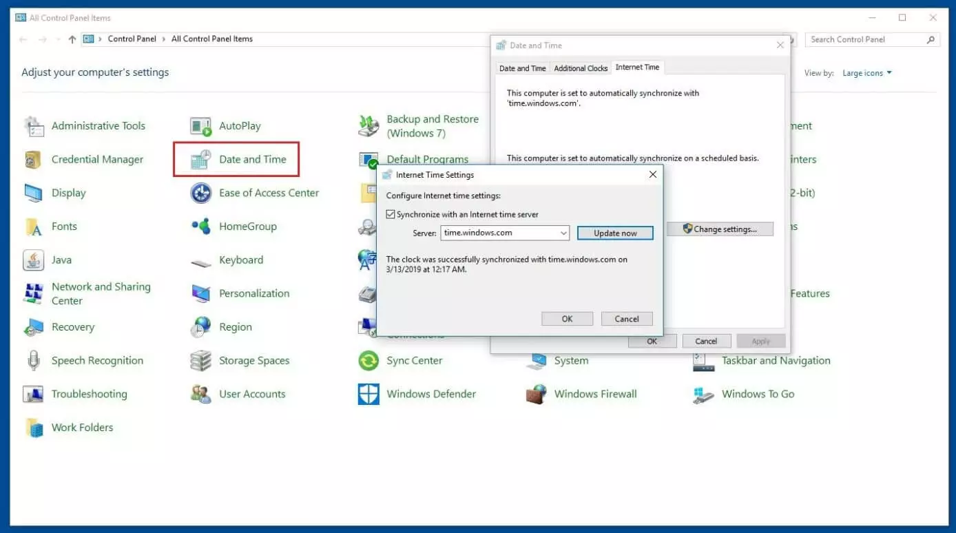 Panel de control de Windows y menú «Fecha y hora»