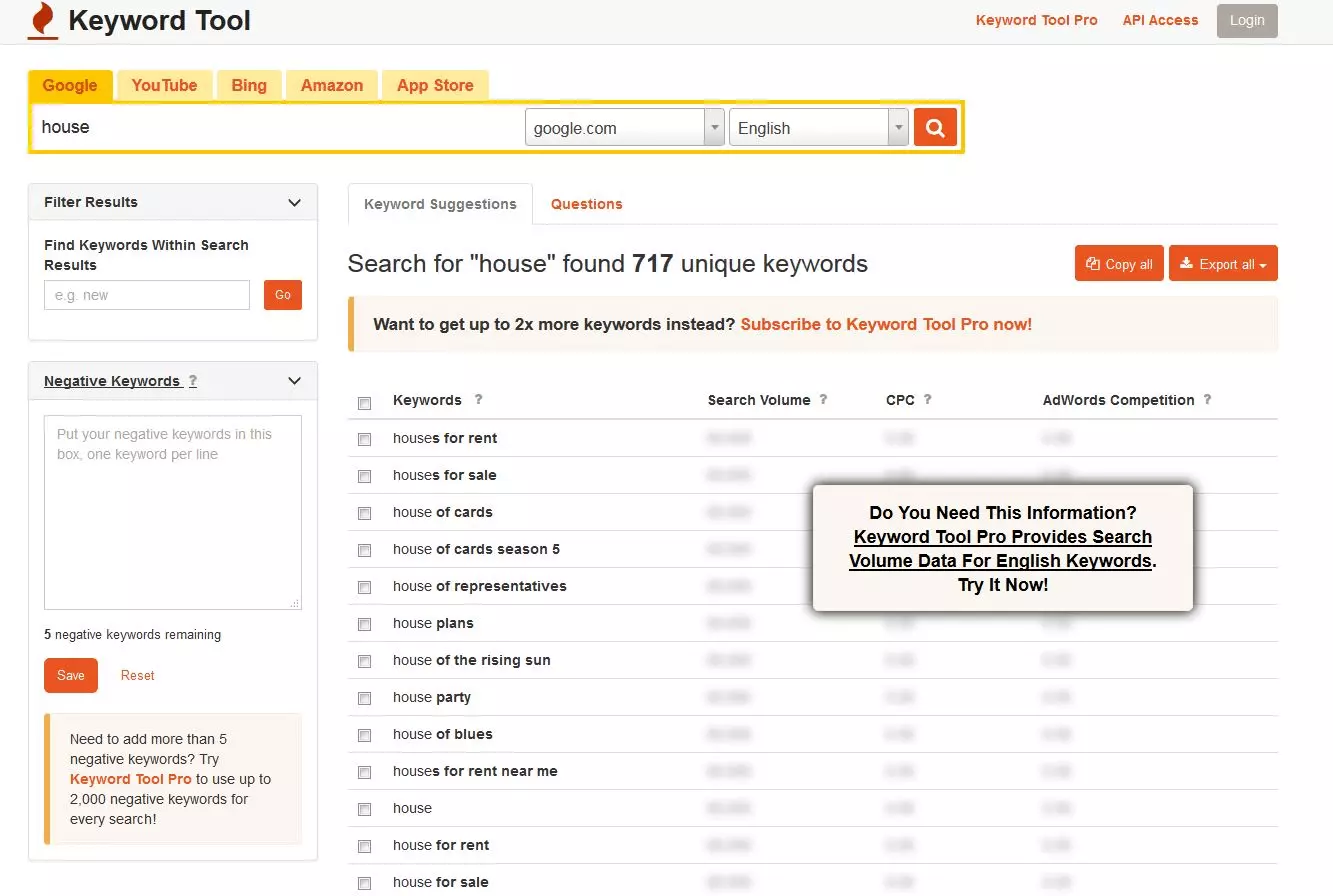 Imagen: KeywordTool.io: resultados de la búsqueda en Google para el término “house”