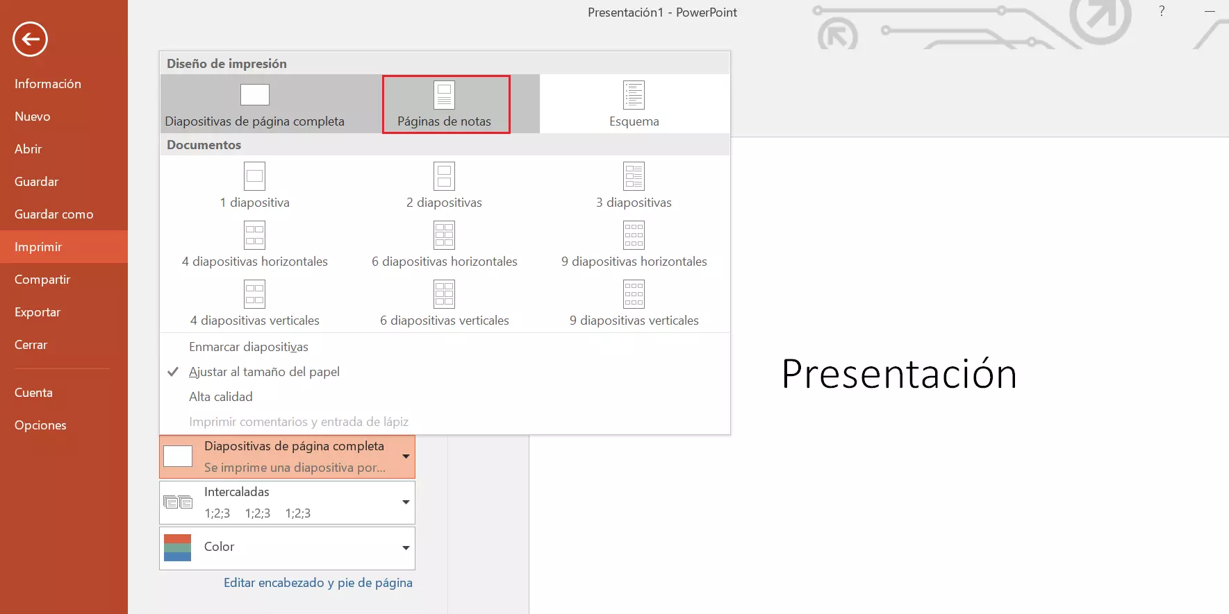 Imagen: Imprimir diapositivas de PowerPoint con notas: opciones de configuración de impresión