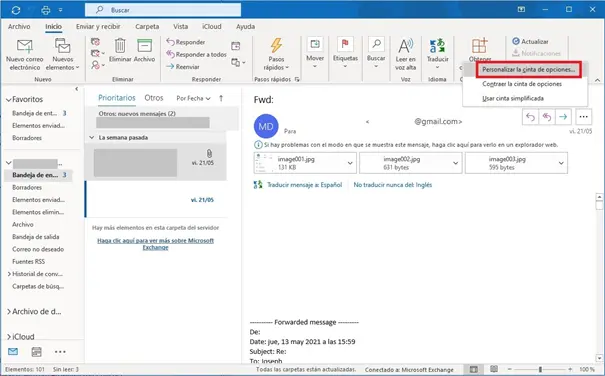 Outlook con el menú de “Personalizar la cinta de opciones…” abierto Imagen: Outlook con el menú de “Personalizar la cinta de opciones…” abierto