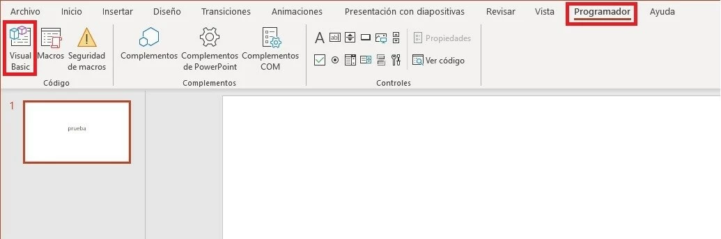 Imagen: Pestaña “Programador” en PowerPoint 2016