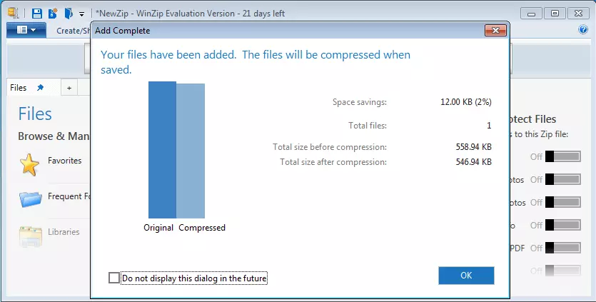 Ventana de WinZip que muestra el tamaño del archivo antes y después de la compresión