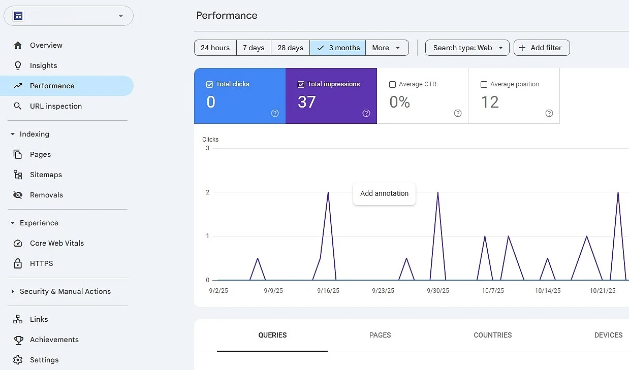 Imagen: Vista general del rendimiento en Google Search Console