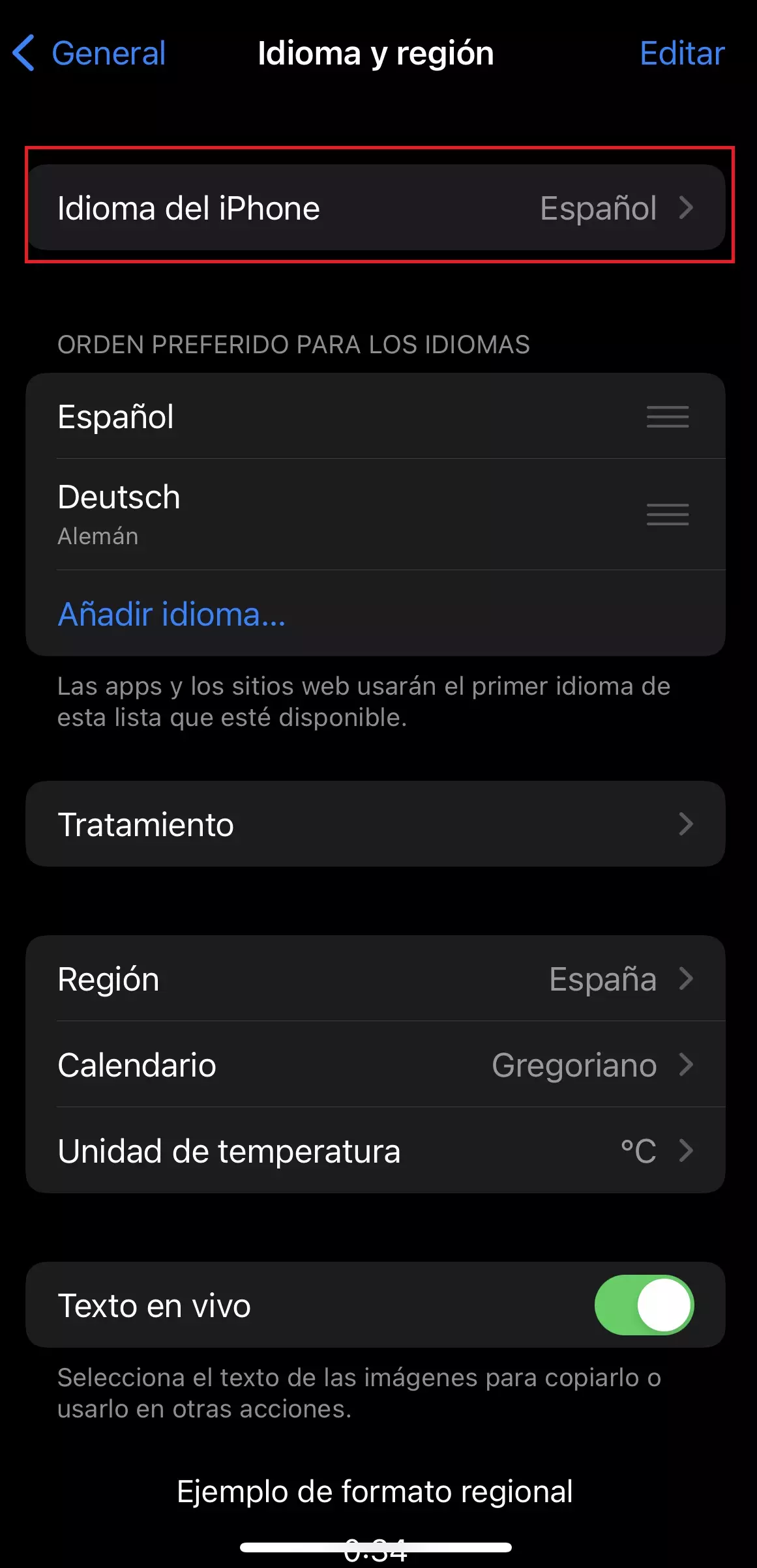 Imagen: La lista de idiomas en el menú de la configuración general de iOS