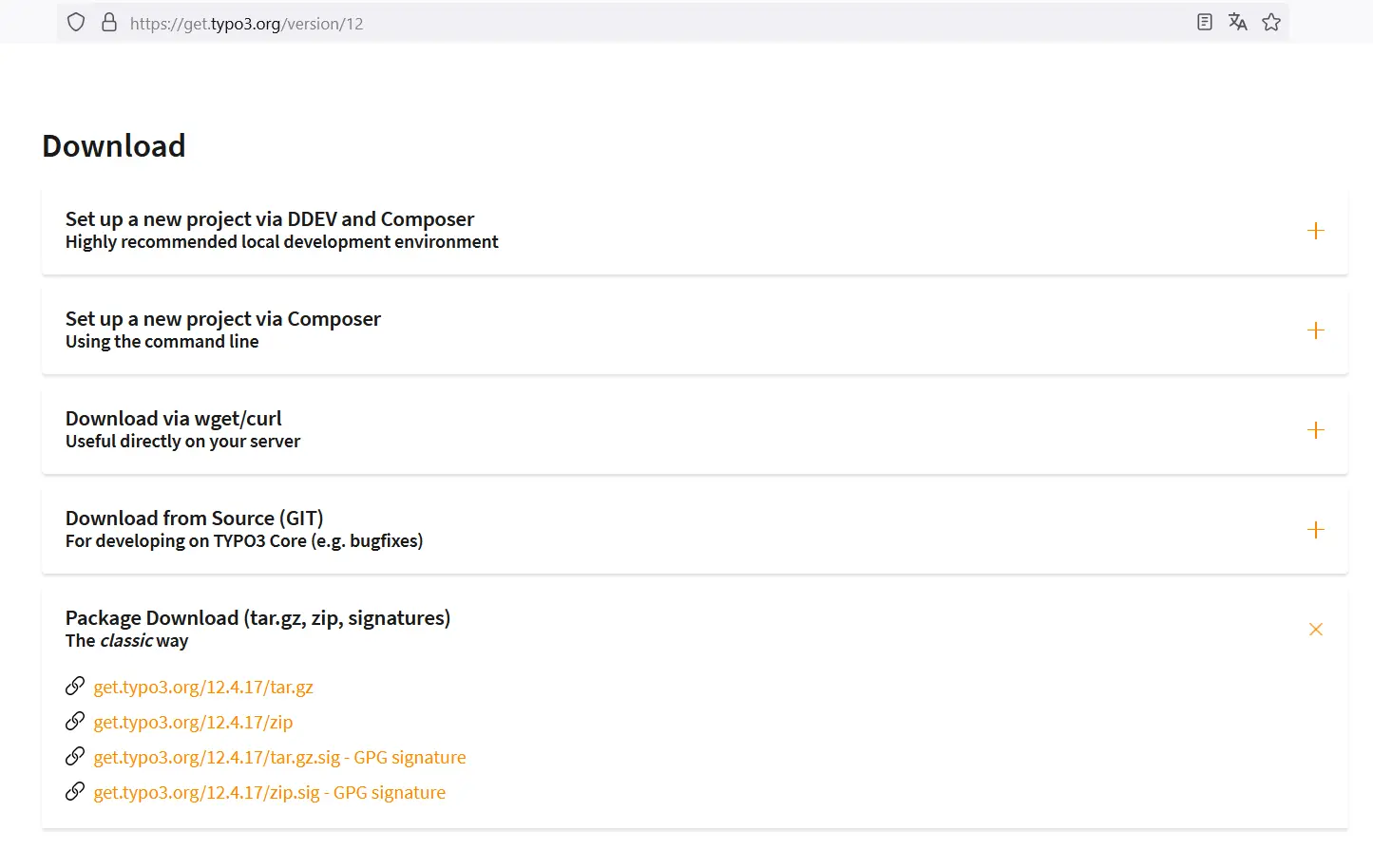 Imagen: Enlaces de descarga para TYPO3 12 para líneas de comando, en el servidor, como código fuente desde GitHub y como paquete comprimido