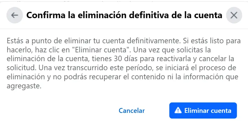 Facebook: confirmar eliminación de la cuenta Imagen: Facebook: confirmar eliminación de la cuenta