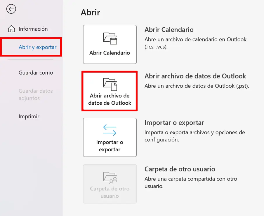 Opción de “Abrir archivo de datos de Outlook” en el apartado “Abrir y exportar” del menú “Archivo” de Outlook Imagen: Opción de “Abrir archivo de datos de Outlook” en el apartado “Abrir y exportar” del menú “Archivo” de Outlook