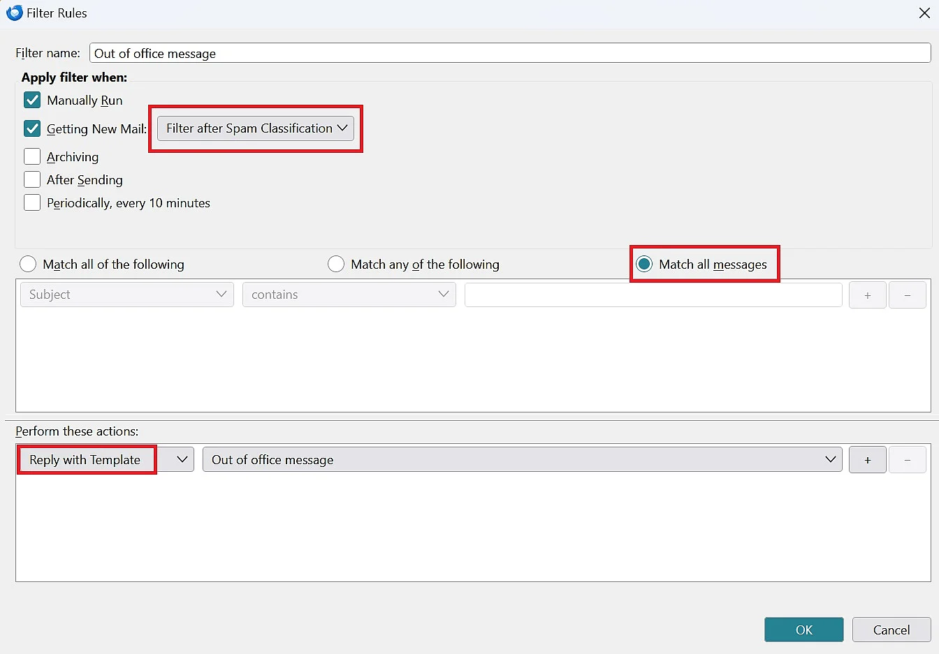 Imagen: Configurar respuesta automática en Thunderbird: configurar filtro