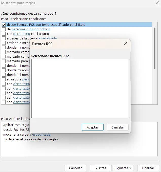 Imagen: El Asistente para reglas en Outlook: selección del feed