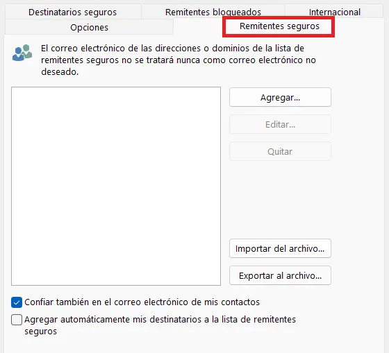 Apartado de remitentes seguros en Outlook Imagen: Apartado de remitentes seguros en Outlook