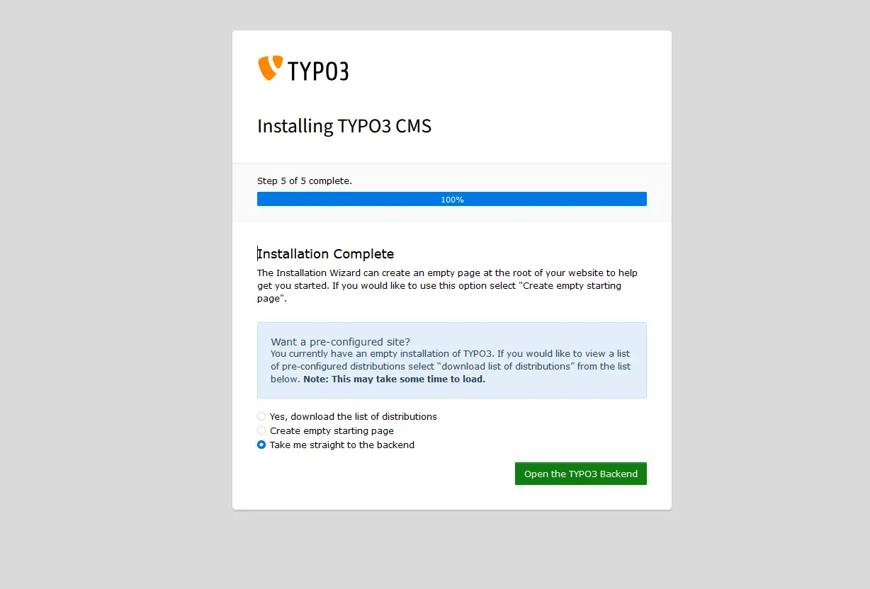 Imagen: La instalación de TYPO3 se ha completado