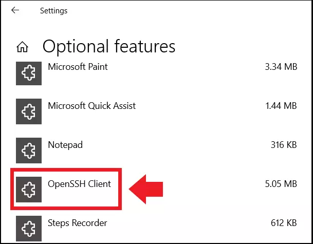 El menú “Características opcionales” con el cliente OpenSSH El menú “Características opcionales” con el cliente OpenSSH