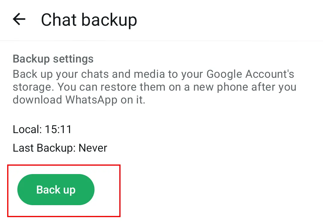 Imagen: Botón de “Guardar” (Back up) para hacer la copia de seguridad de los chats de WhatsApp una vez configurada)