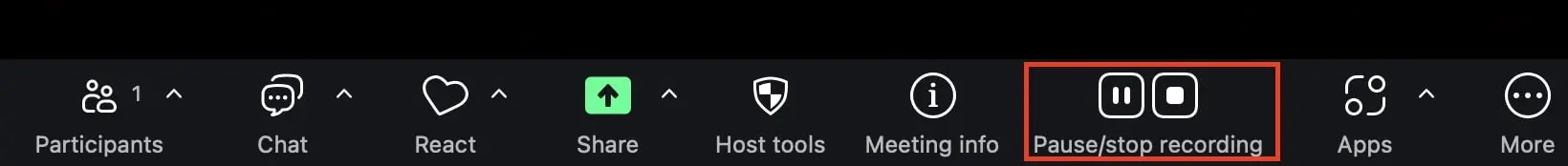 Imagen: Men&uacute; de grabaci&oacute;n de Zoom: &ldquo;Pausar/Detener grabaci&oacute;n&rdquo;