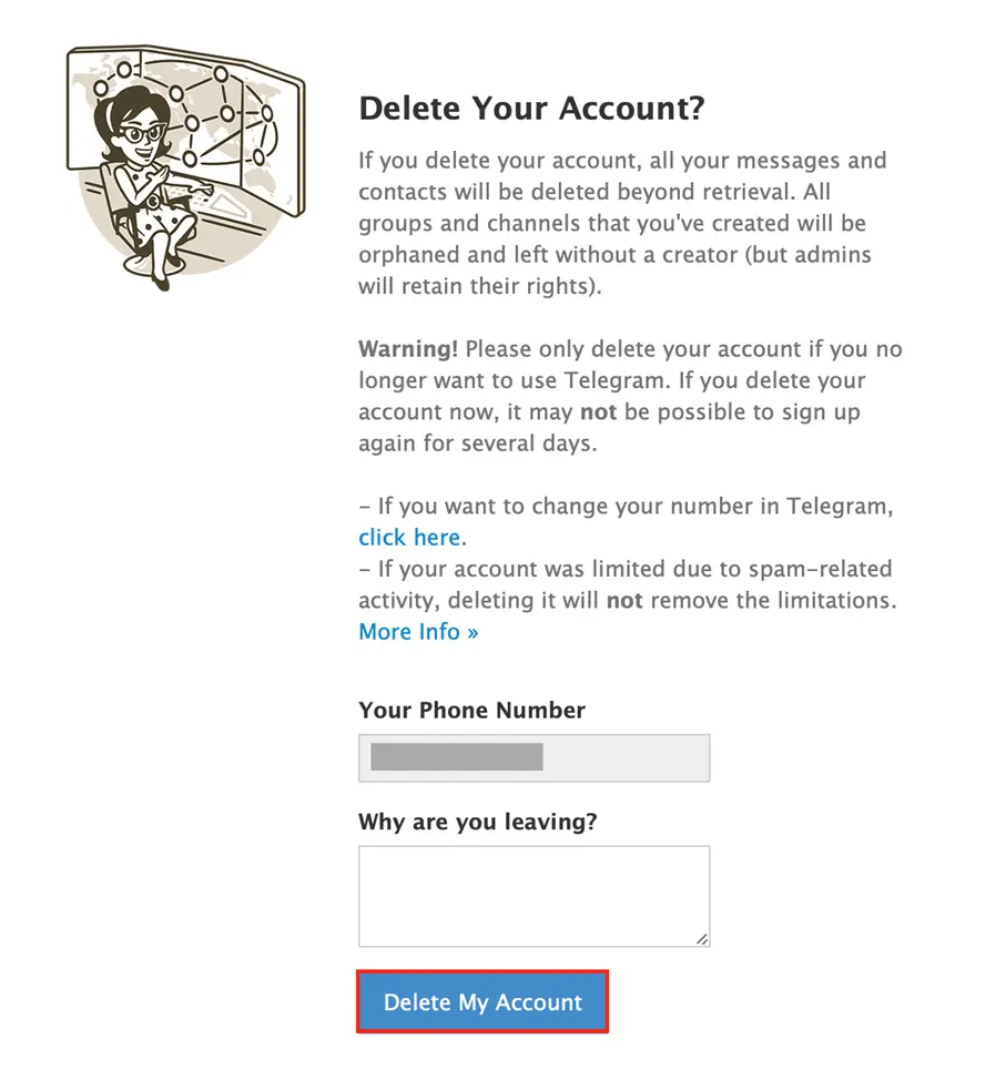 En el navegador: página web de Telegram para eliminar una cuenta Imagen: En el navegador: página web de Telegram para eliminar una cuenta