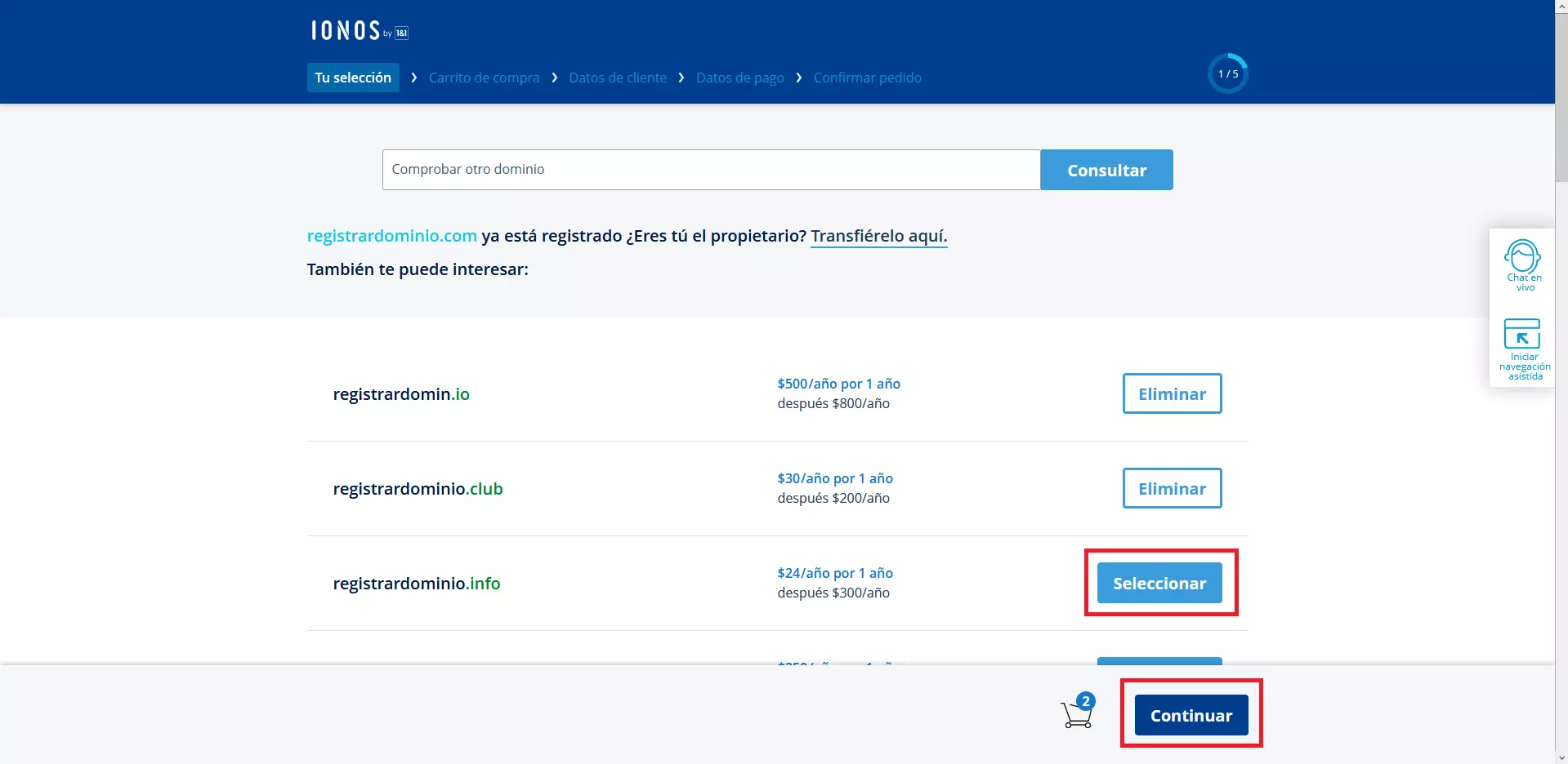 IONOS: selección de dominios para su compra 