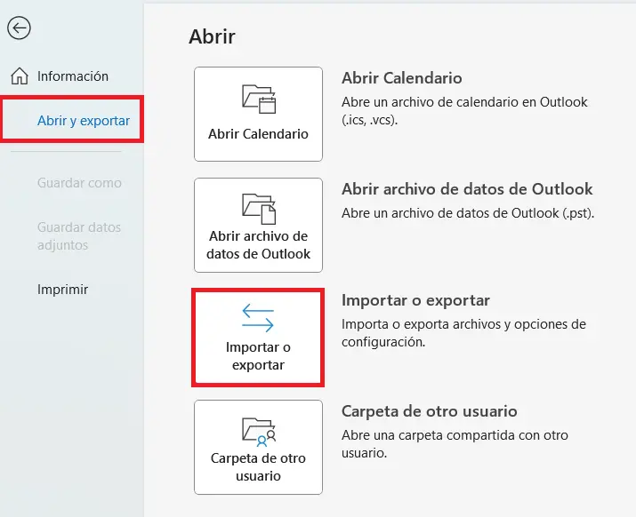 Outlook 365: Abrir y exportar Imagen: Outlook 365: Abrir y exportar