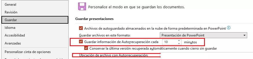 Opciones de PowerPoint: recuperación automática Opciones de PowerPoint: recuperación automática