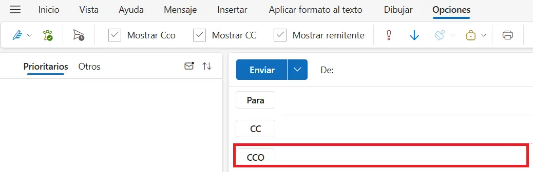 Imagen: Outlook: ventana de email con CCO