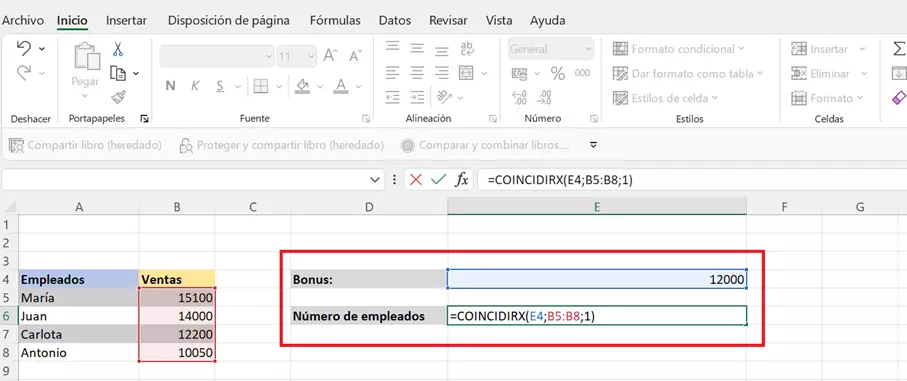 Imagen: Segundo ejemplo de uso de COINCIDIRX: definición de la matriz buscada