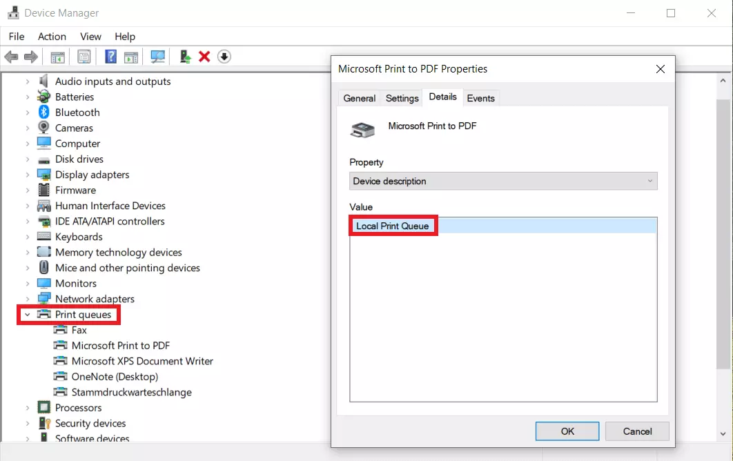 Imagen: Colas de impresión en el “Administrador de dispositivos” de Windows