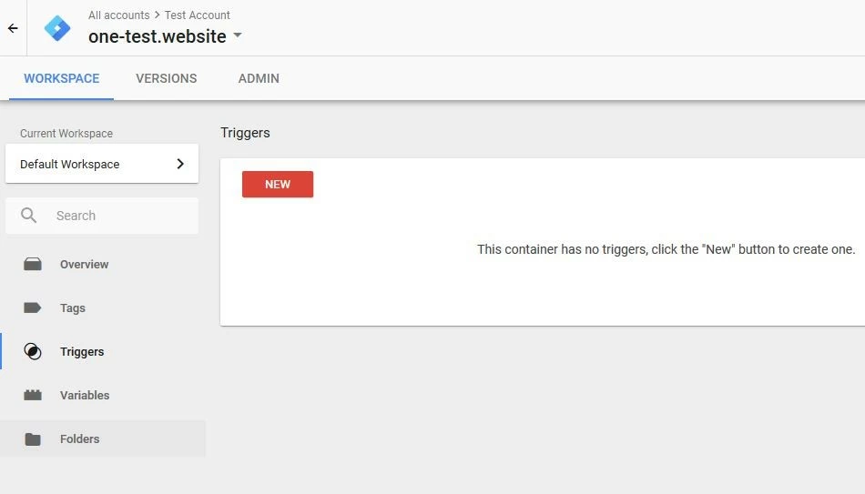 Menú de activadores en el área de trabajo de Google Tag Manager