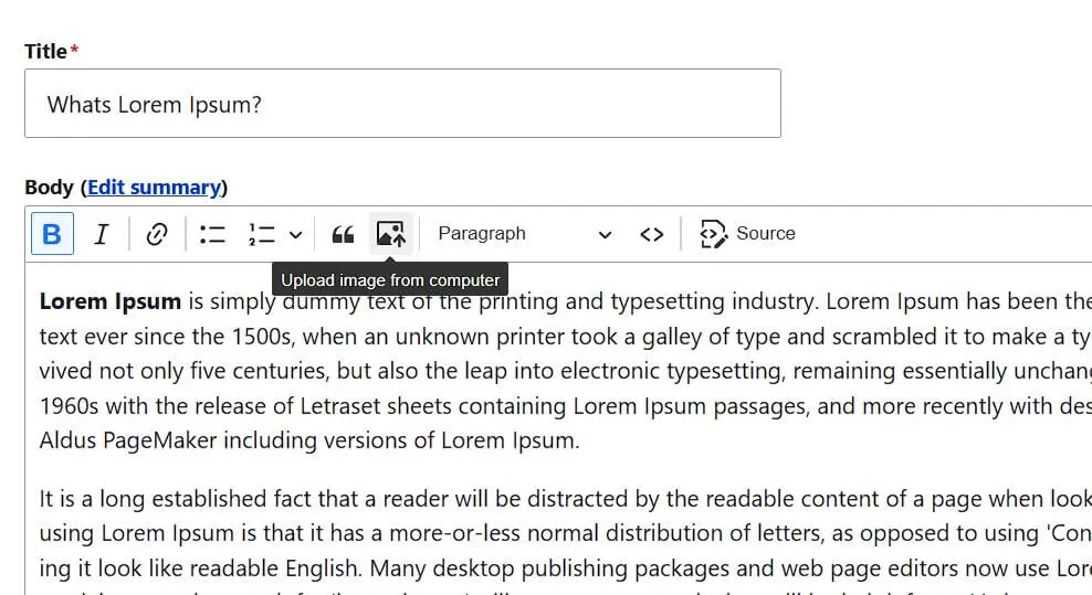 Editor de Drupal: “Upload image from computer” Imagen: Editor de Drupal: “Upload image from computer”