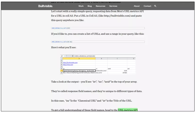 Imagen: Manual de uso de Seogadget For Excel con la Moz Url Metrics API en builtvisible.com