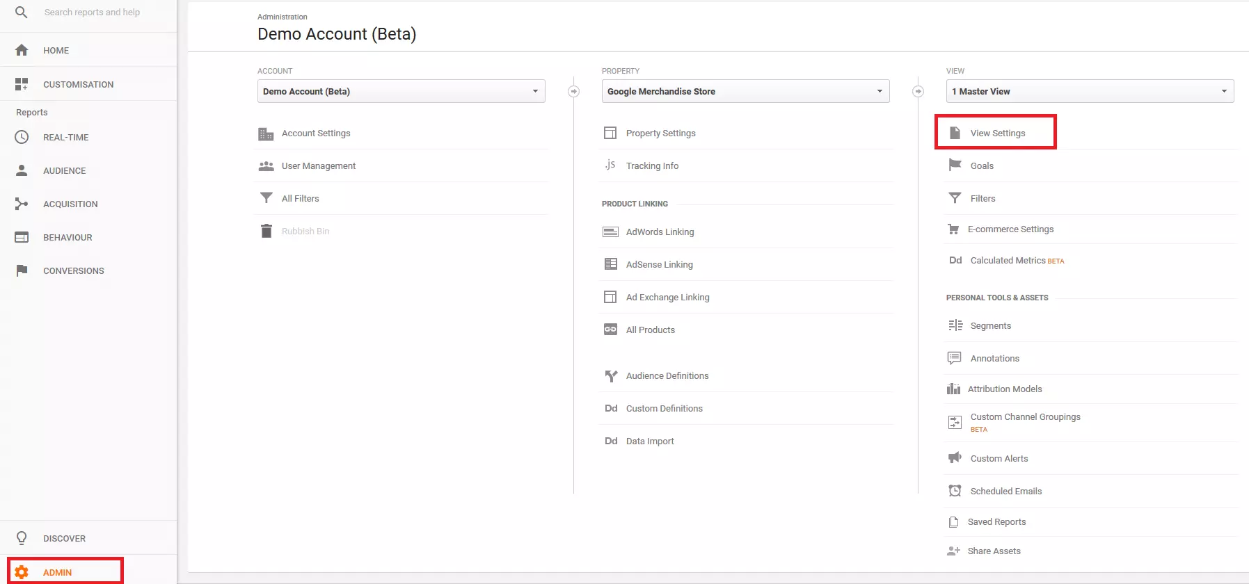 Imagen: Panel de administración de la cuenta en Google Analytics