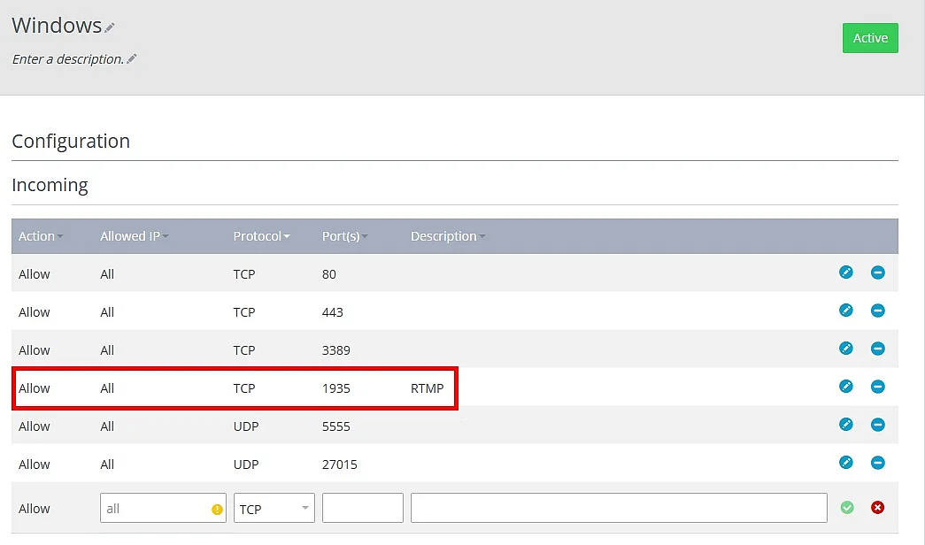 Cloud Panel: configuración del cortafuegos del servidor con puerto abierto para RTMP Imagen: Cloud Panel: configuración del cortafuegos del servidor con puerto abierto para RTMP