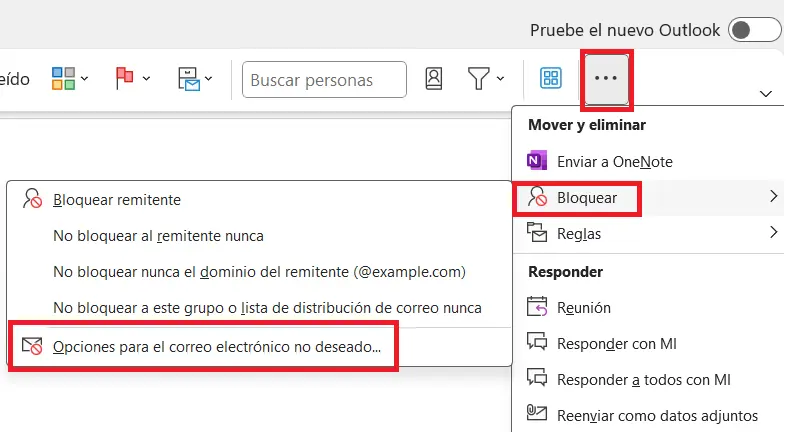 Opciones de correo no deseado en la cinta de opciones simplificada de Outlook“ Imagen: Opciones de correo no deseado en la cinta de opciones simplificada de Outlook“