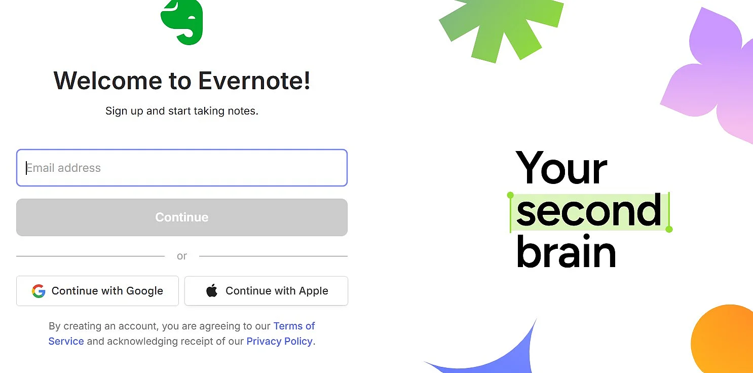 Formulario de registro de Evernote Imagen: Formulario de registro de Evernote