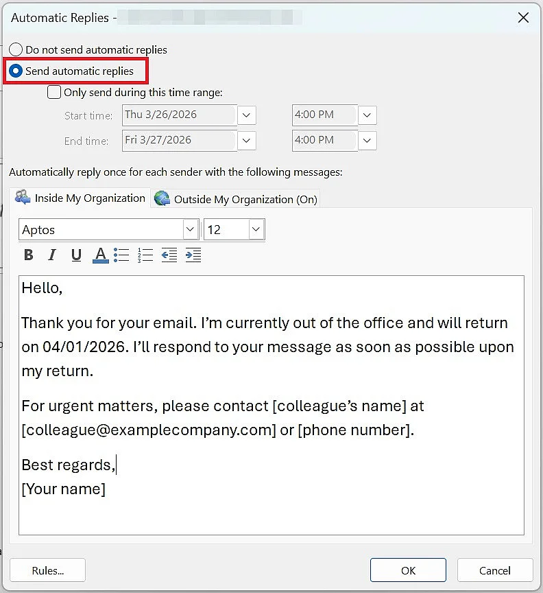 Imagen: Outlook: redactar respuesta automática